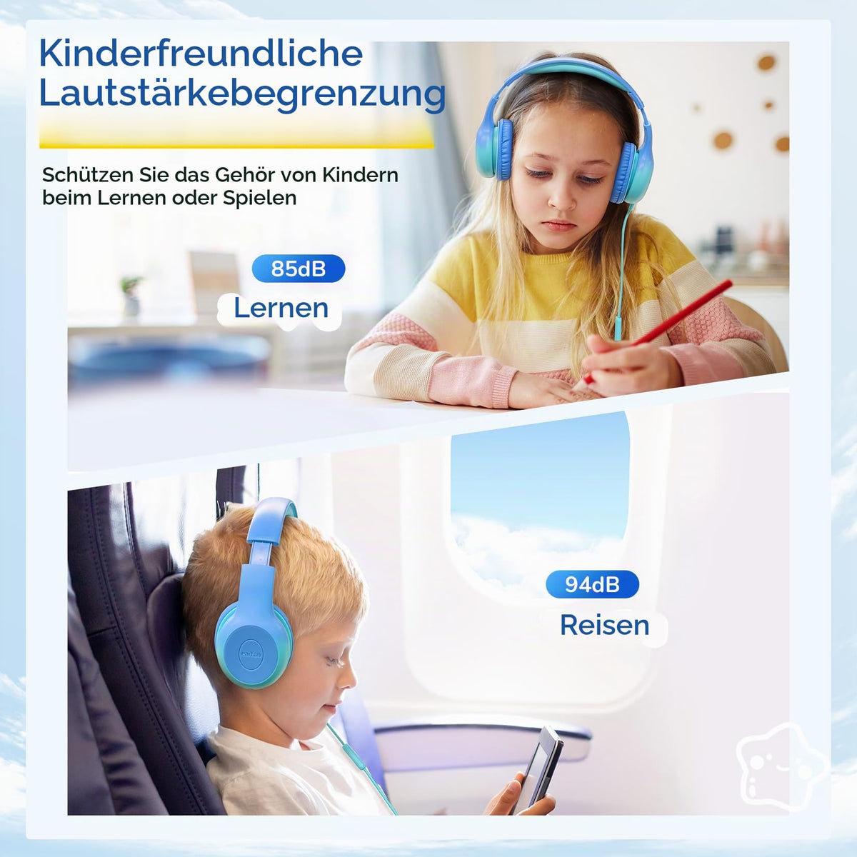 EarFun Kinder Kopfhörer mit 3,5 mm Kabel, Lautstärkebegrenzung, Blau-grün