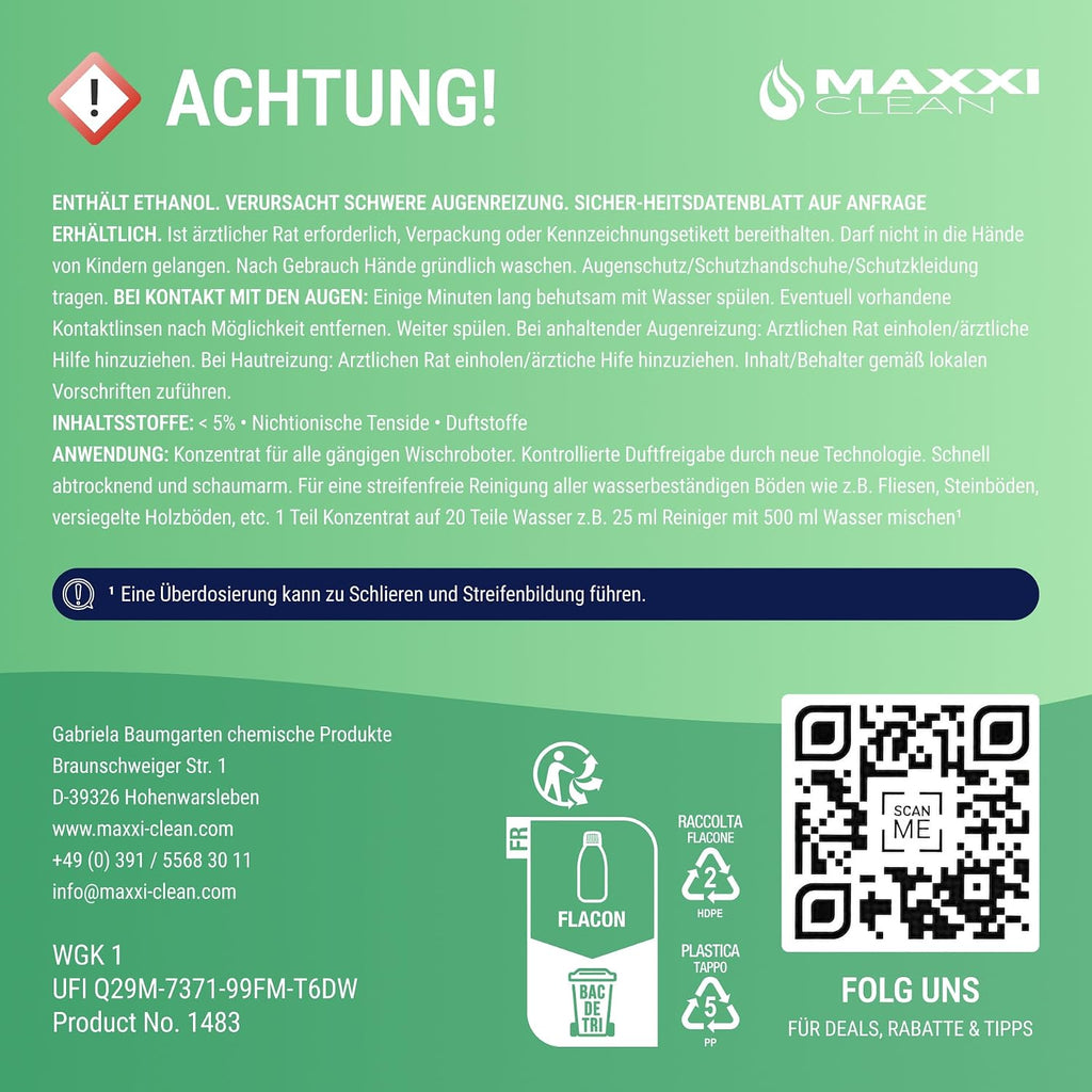 Maxxi Clean 1 x 750 ml Reinigungsmittel für Saugroboter mit Wischfunktion I Konzentrat mit Frische Duft I Universalreiniger für Fliesen, Laminat, Parkett I kompatibel mit gängigen Herstellern