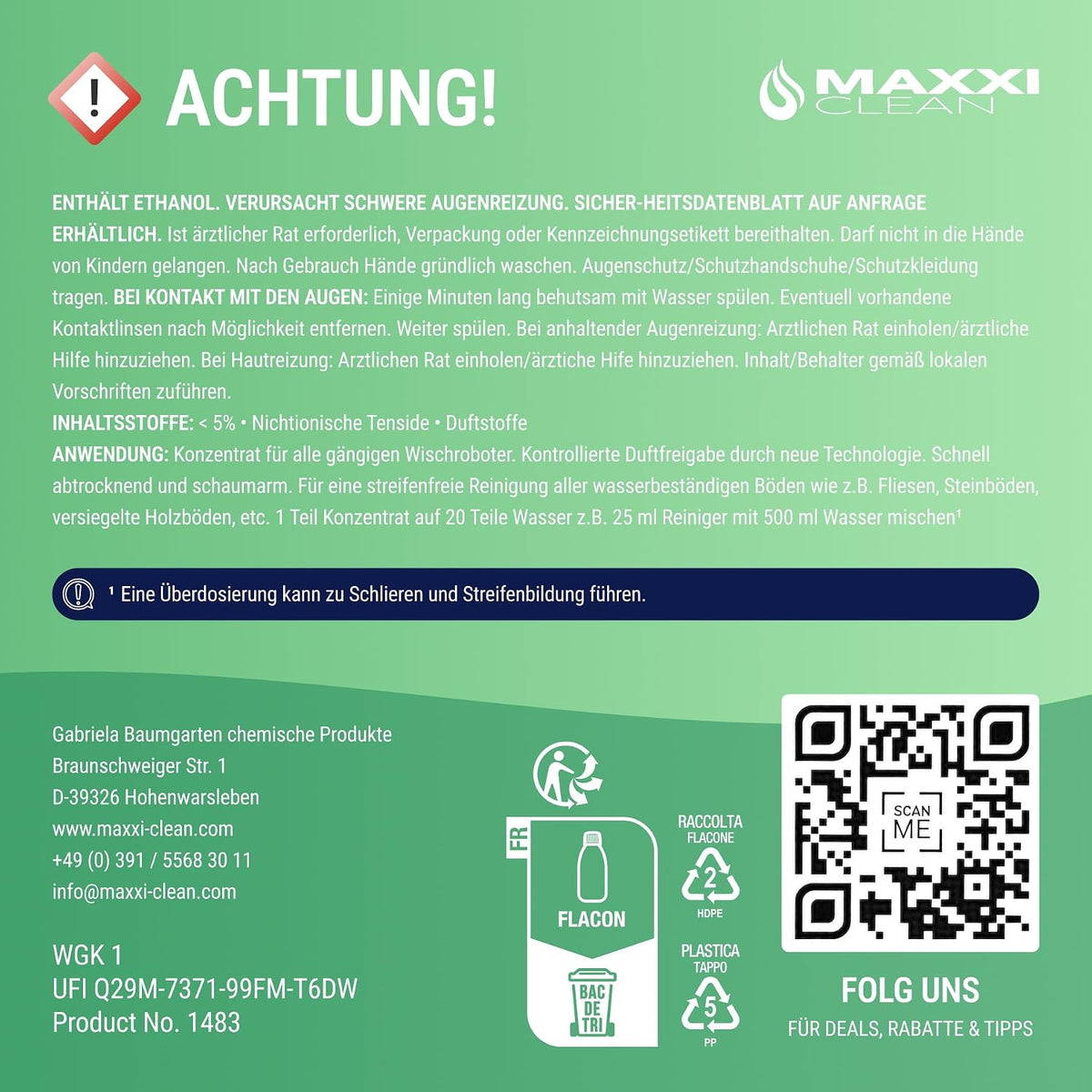 Maxxi Clean 1 x 750 ml Reinigungsmittel für Saugroboter mit Wischfunktion I Konzentrat mit Frische Duft I Universalreiniger für Fliesen, Laminat, Parkett I kompatibel mit gängigen Herstellern