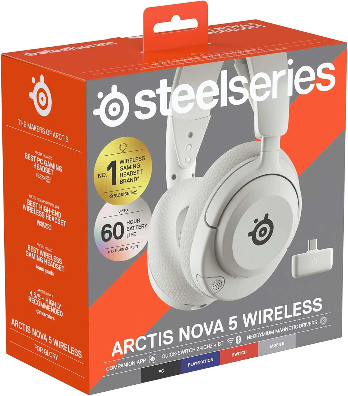 SteelSeries Arctis Nova 5 Wireless - Gaming Headset- Multi-System -PC,PS5 - Magnetische Neodym-Treiber -Über 100 Audio Presets - 60H Akkulaufzeit - 2,4 GHz oder BT-ClearCast Gen2.X-Mik -Weiß