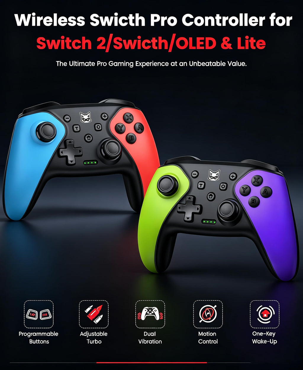 HELLCOOL Switch Controller, Kabellos Switch Pro Controller für Switch/Lite/OLED Konsole, Macro/Turbo/Aufwachfunktion, Präzise Steuerung, Dual Motors Vibration, 15 Std Spieldauer