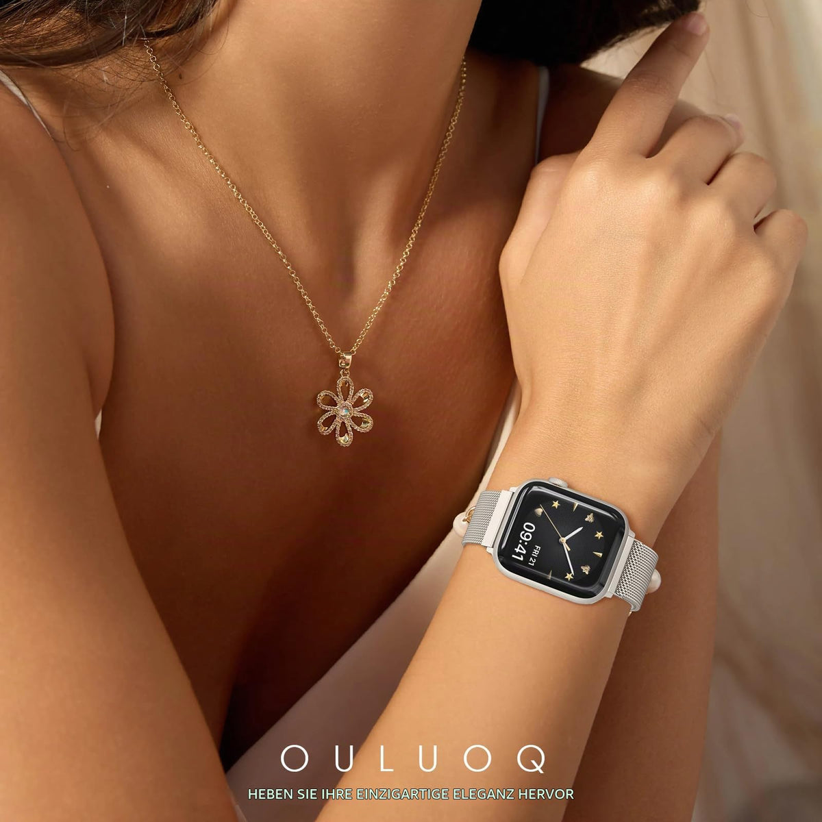 OULUOQI Edelstahl Milanaise Armband für Apple Watch 44mm 46mm 45mm 49mm