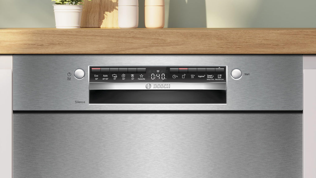 Bosch SMU4EVS08E, Serie 4, Smarter Unterbau-Geschirrspüler 60 cm, Besteckschublade, Spülmaschine mit Programmassistent, besonders Leise, höhenverstellbarer Oberkorb, Automatische Türöffnung, Edelstahl