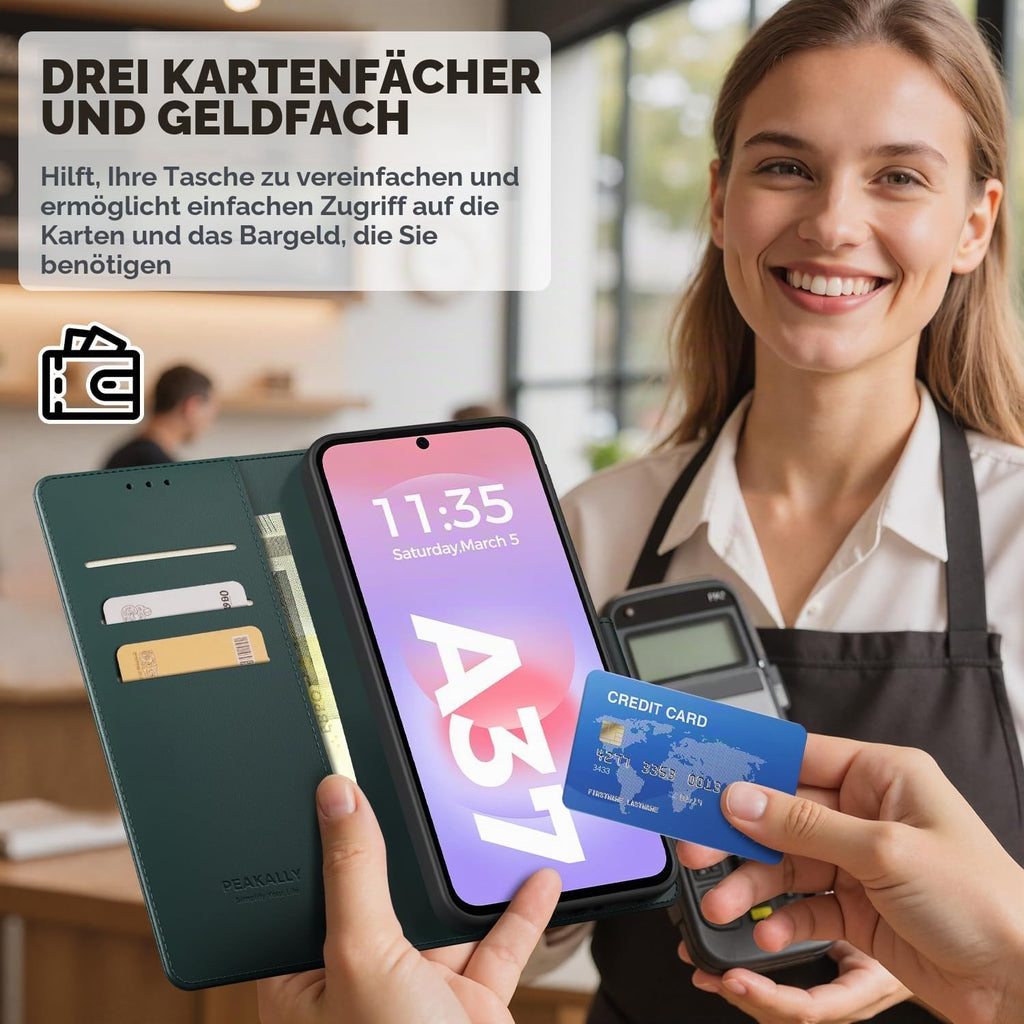 Peakally Handyhülle für Samsung Galaxy A17 5G Hülle [Mit 1 Stück Panzer Schutz Glas] [Premium PU Leder] [RFID-Blockierung] [Kartenfach] Klapphülle kompatibel mit Galaxy A17 5G / 4G - Grün