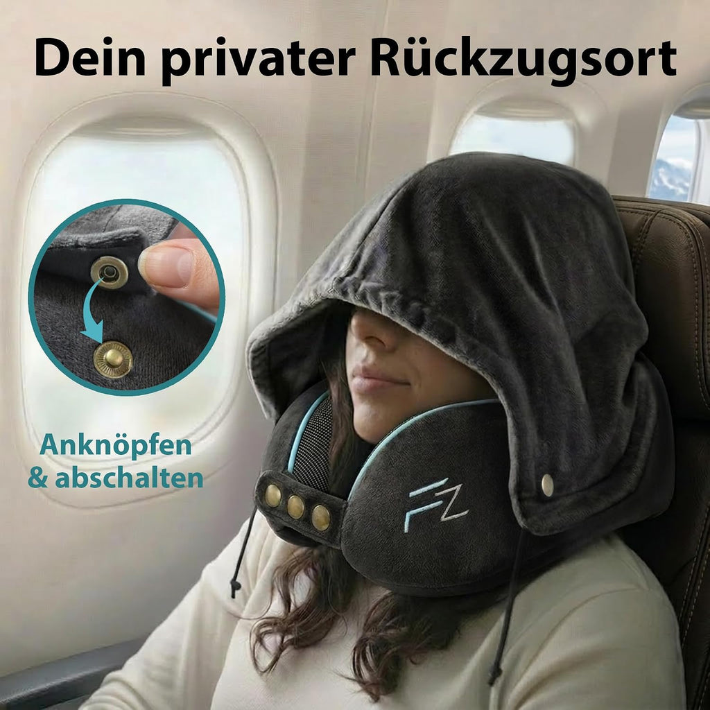 FLOWZOOM Comfy Nackenkissen Flugzeug & Auto mit Kapuze - Einstellbares Memory Foam Reisekissen mit Druckknöpfen für 360° Stütze, weicher Bezug - inkl. Transportbeutel - Grau