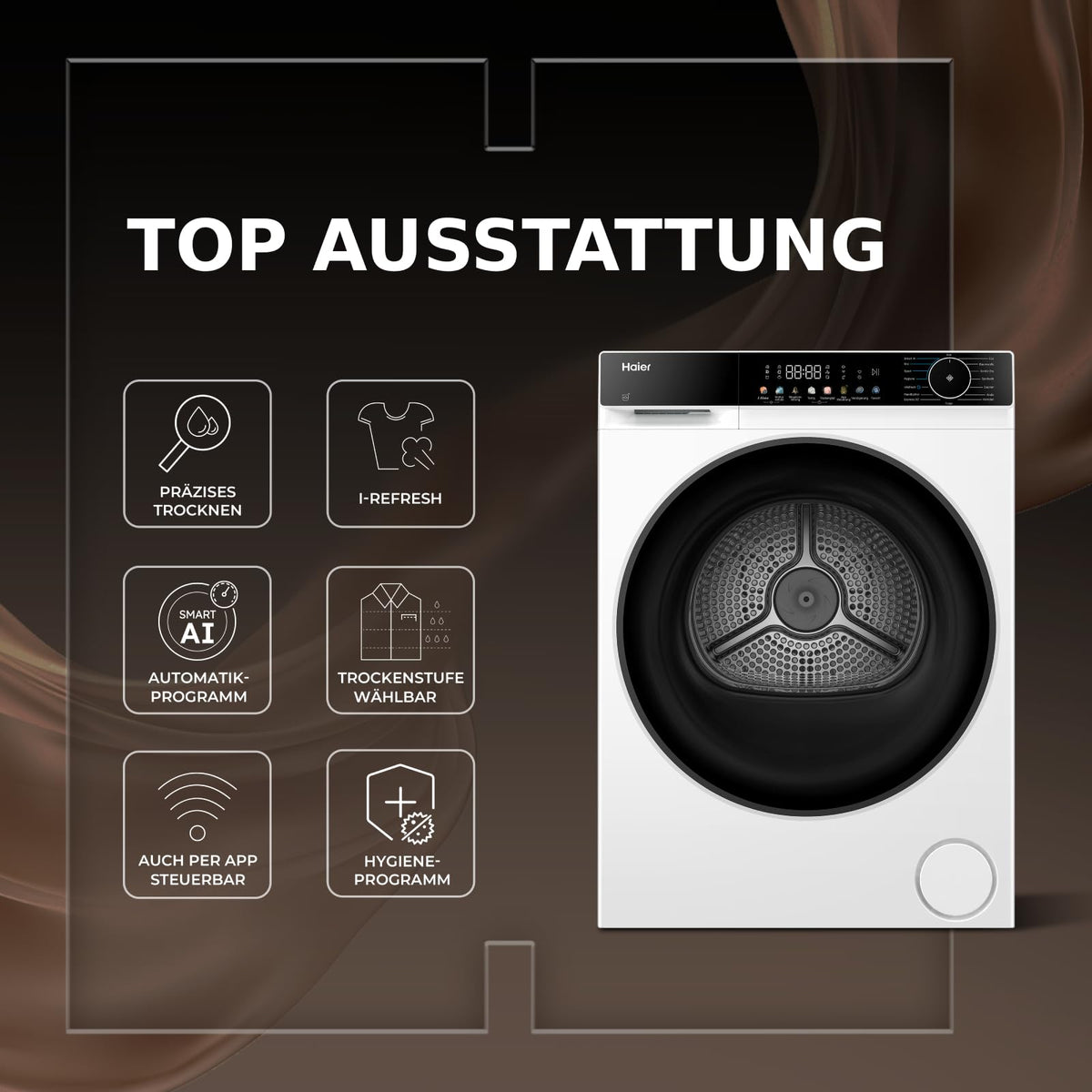 Haier Wärmepumpentrockner 9kg I G7 Serie I Klasse B I AI Power Inverter Motor, iOn Air Fresh, Pillow-Schontrommel, Automatik- & Hygiene-Programm, hOn AppI HD90-B667U1