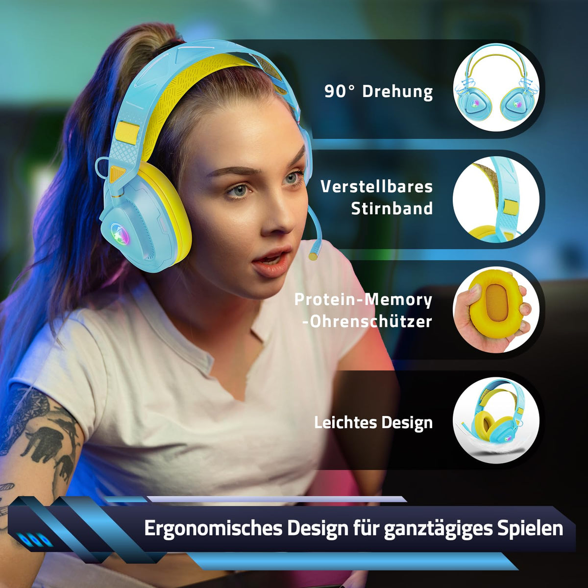 Gaming Headset Wireless für PS5 PS4 PC MAC Handy, 2.4Ghz(USB & Typ-C)+ BT
