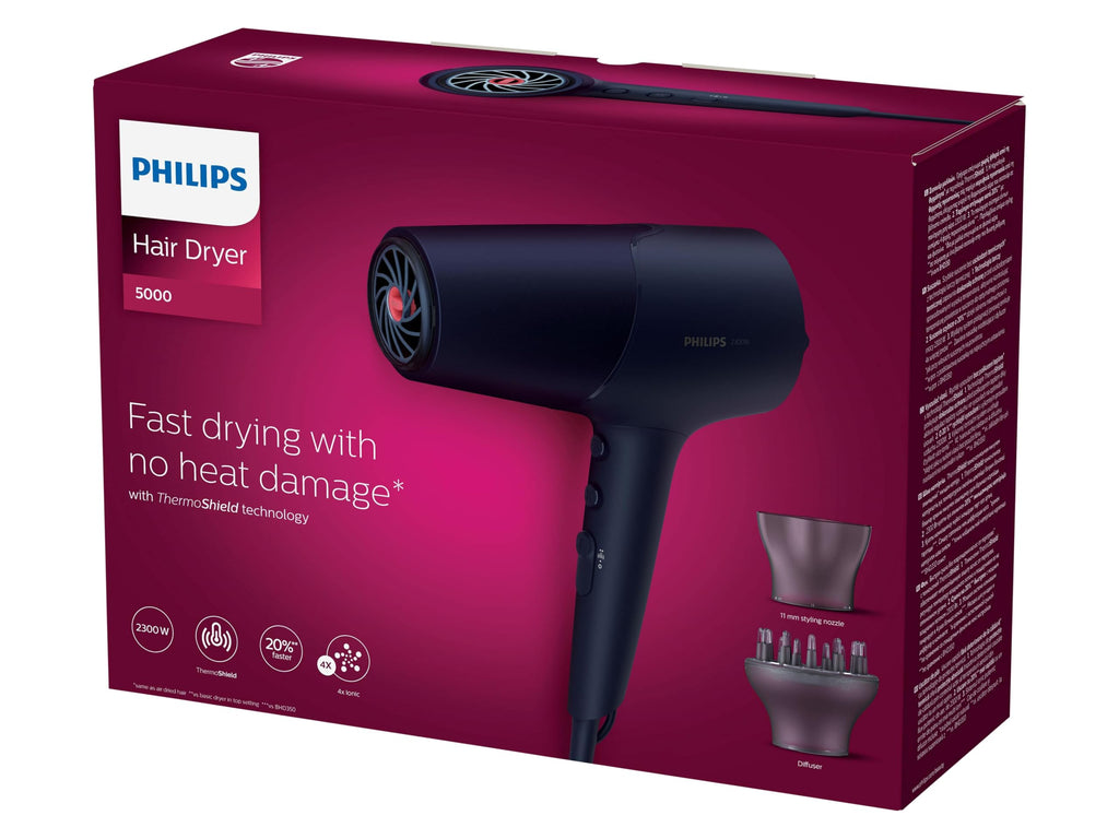 Philips Haartrockner 5000 Series, ThermoShield Technologie, Ionisierungsfunktion, 2.300 W, Metallic-Blau, mit 9-mm- und 11-mm-Stylingdüse, Volumendiffusor, BHD510/20