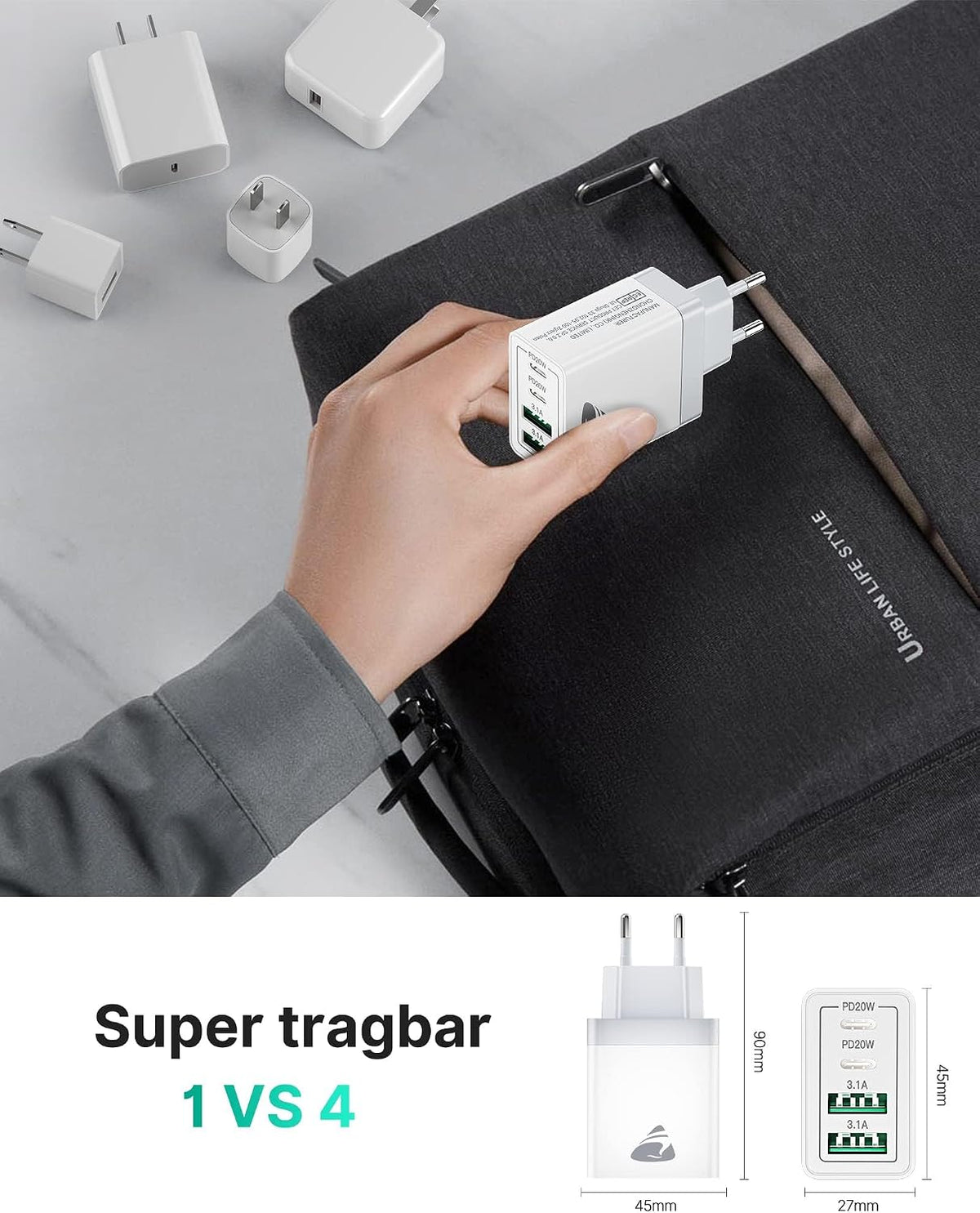 USB C Ladegerät, 40W 4-Port USB ladegerät Mehrfach Schnellladegerät PD 3.0