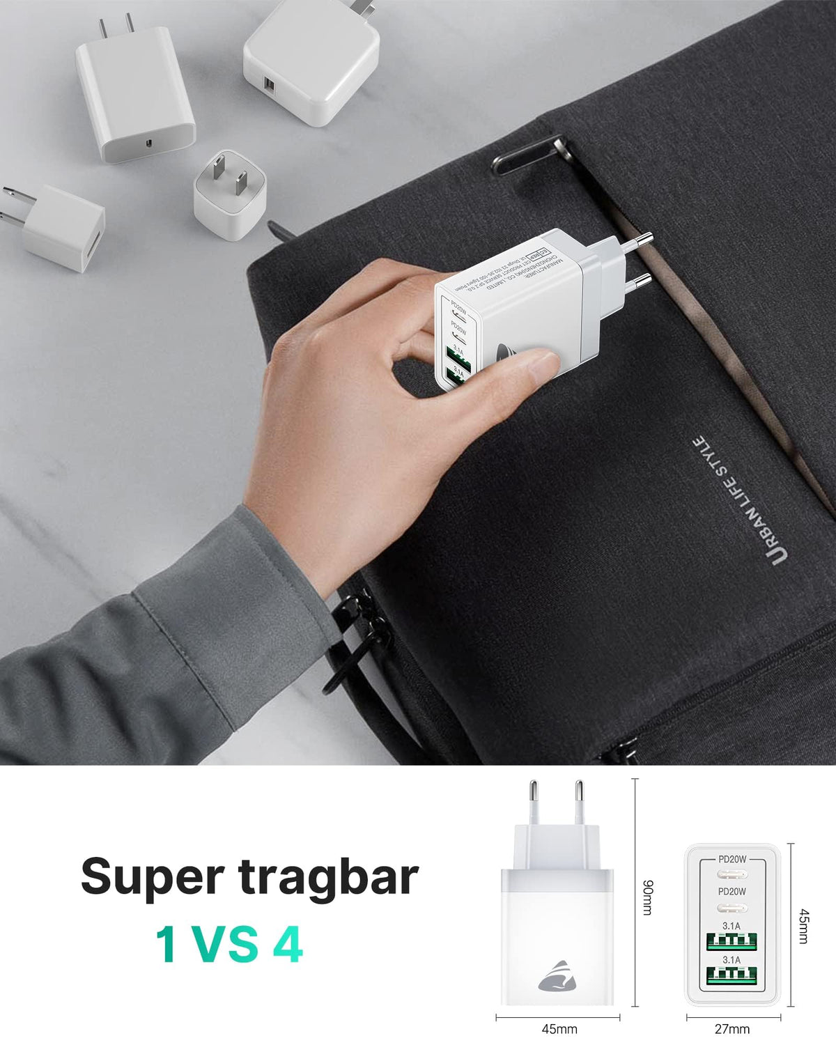 USB C Ladegerät, 40W 4-Port USB ladegerät Mehrfach Schnellladegerät PD 3.0
