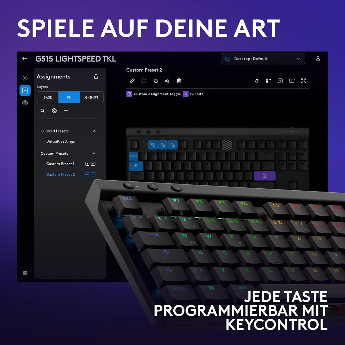 Logitech G G515 LIGHTSPEED TKL kabellose flache Gaming-Tastatur (Schwarz)