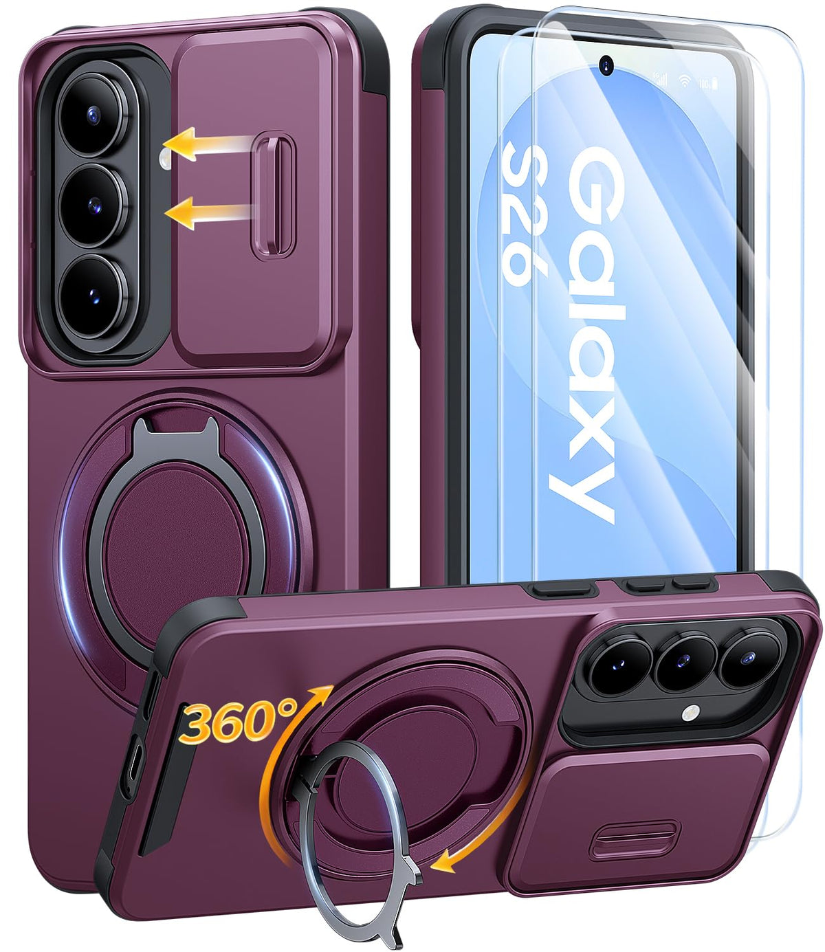 AOUIA für Samsung Galaxy S26 Ultra Hülle mit 2 Stück Panzerglas, Kameraschutz, 360° drehbarer Ringständer, Militärstandard Stoßschutz, robuste Handyhülle für Samsung S26 Ultra, Schwarz