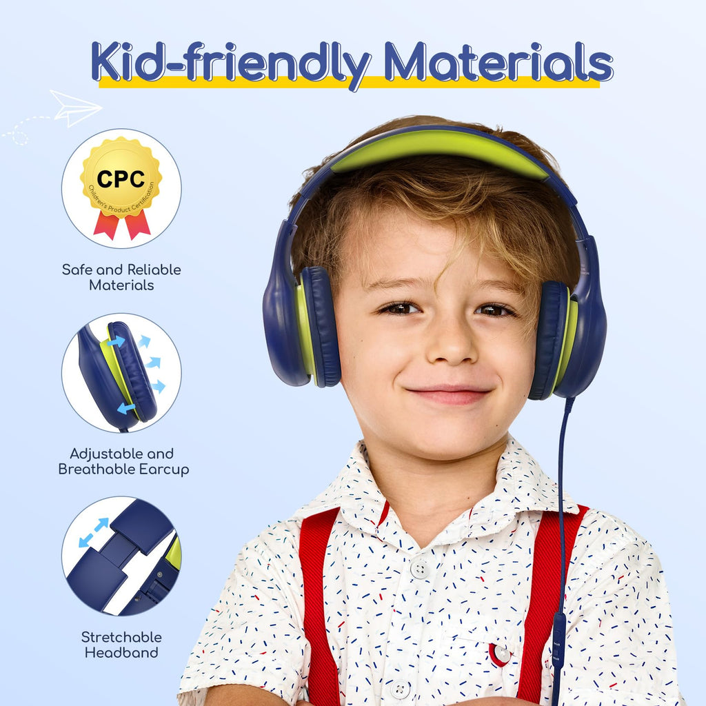 EarFun Kinder Kopfhörer mit 3,5 mm Kabel, Lautstärkebegrenzung, Blau-grün