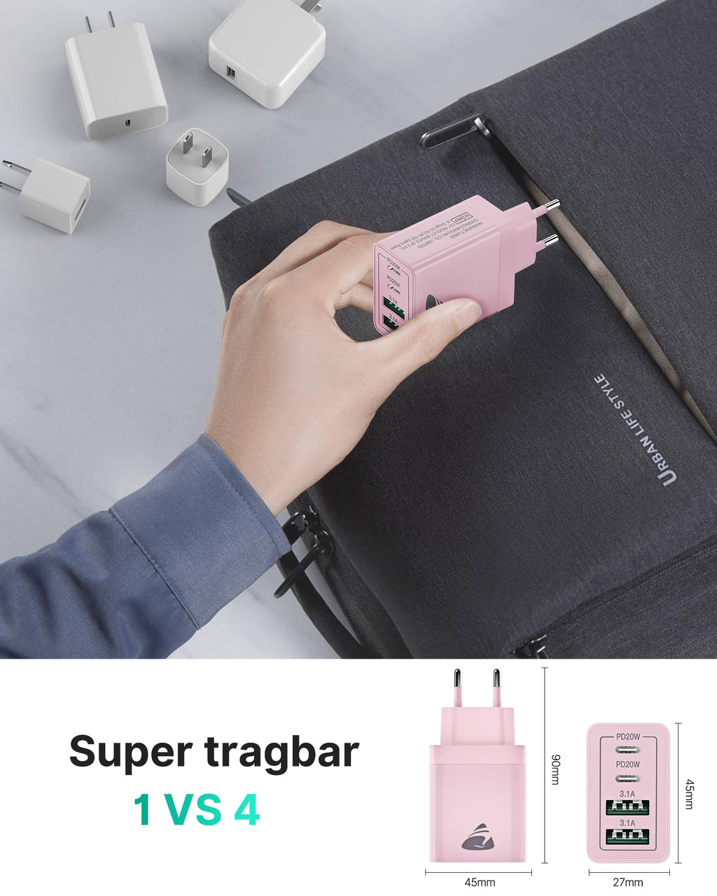 USB C Ladegerät, 40W 4-Port USB ladegerät Mehrfach Schnellladegerät PD 3.0