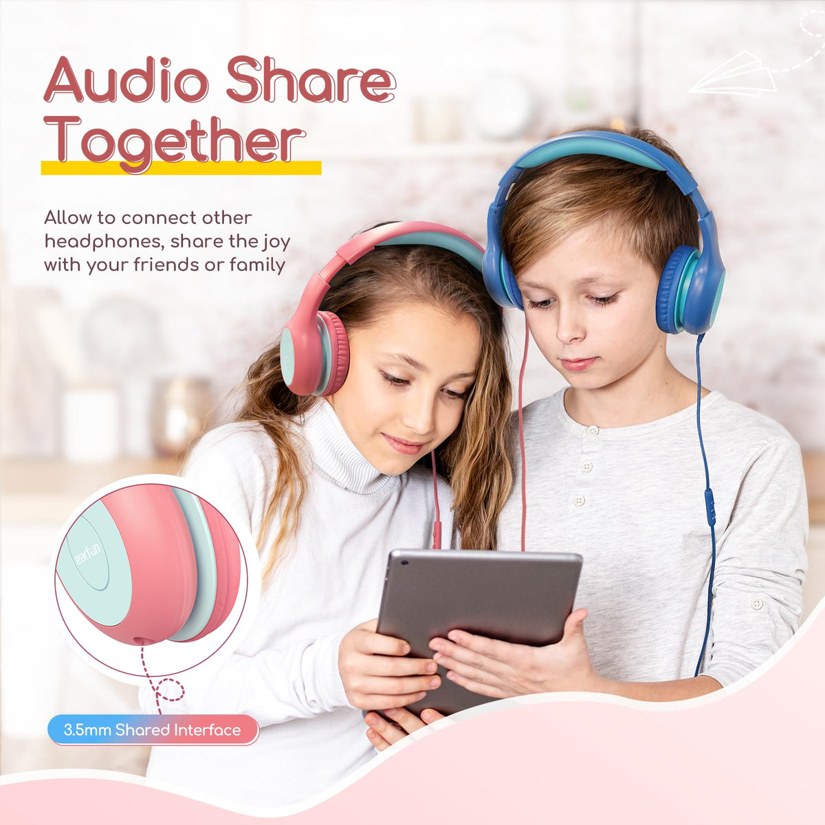 EarFun Kinder Kopfhörer mit 3,5 mm Kabel, Lautstärkebegrenzung, Blau-grün