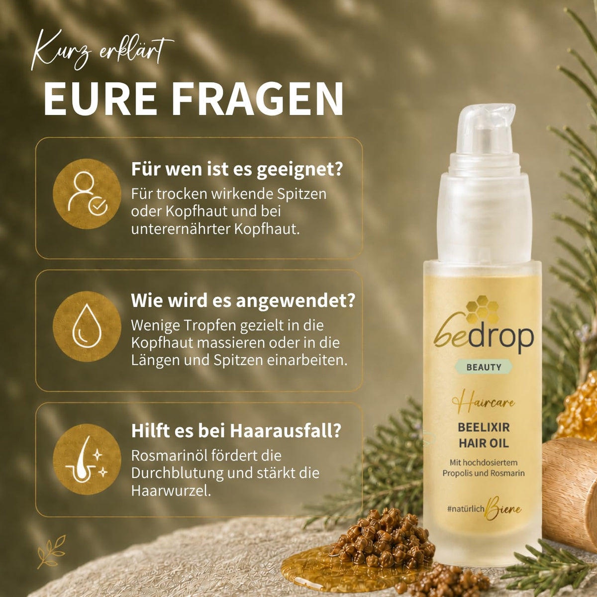 bedrop Beelixir Haaröl bei Haarausfall - Für Haarwachstum & als stärkende Pflege für Haare und Kopfhaut | mit Manuka Honig, Propolis, Rosmarin Extrakt - 30ml (3er Pack)