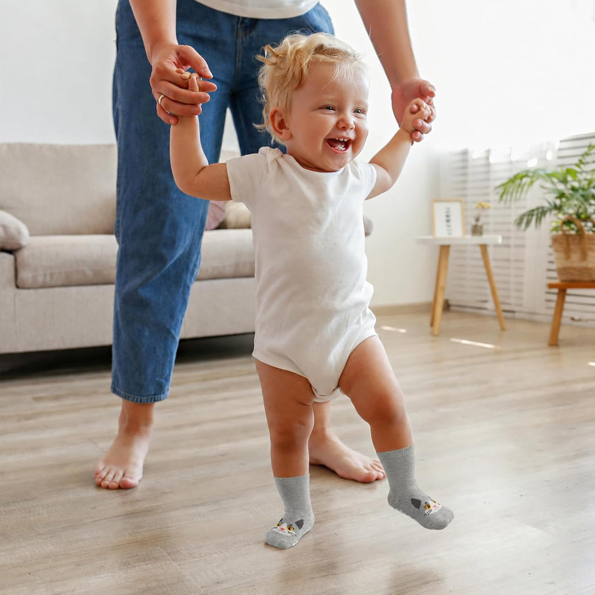 SockWaddles Chaussettes de bébé, 5 paires de chaussettes antidérapantes ABS respirantes pour enfants, chaussettes de bébé en coton, garçons et filles avec des animaux et des licornes