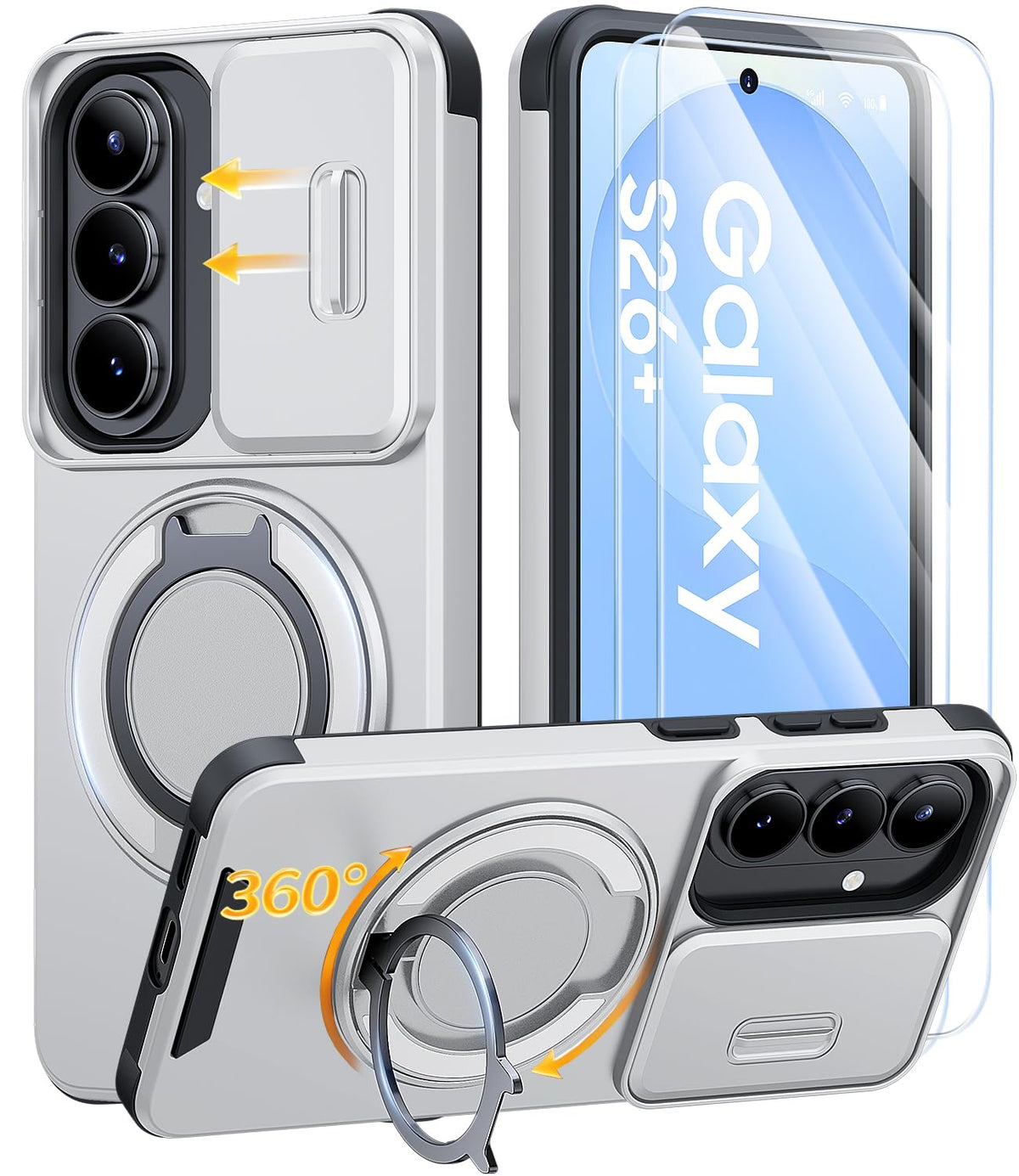 AOUIA für Samsung Galaxy S26 Ultra Hülle mit 2 Stück Panzerglas, Kameraschutz, 360° drehbarer Ringständer, Militärstandard Stoßschutz, robuste Handyhülle für Samsung S26 Ultra, Schwarz