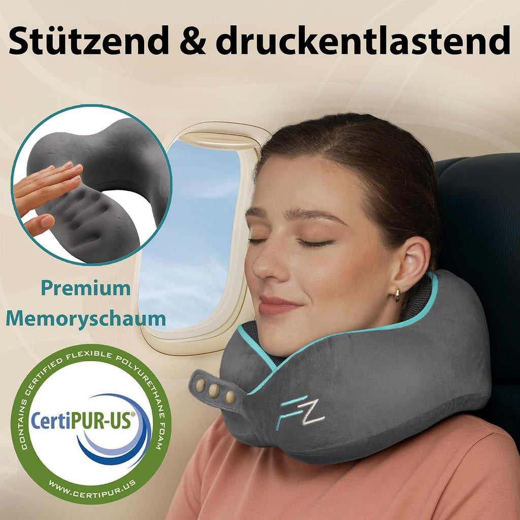 FLOWZOOM Comfy Nackenkissen Flugzeug & Auto mit Kapuze - Einstellbares Memory Foam Reisekissen mit Druckknöpfen für 360° Stütze, weicher Bezug - inkl. Transportbeutel - Grau