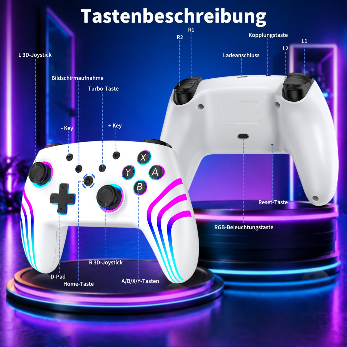Reddening Switch 2 Controller für Switch/Switch 2/Switch Lite/Switch OLED,Switch Controller mit Doppel Vibration,Switch 2 Pro Controller mit 6 Achsen Gyro,Hall Joystick,Aufwachen,Turbo (Weiß Schwarz)