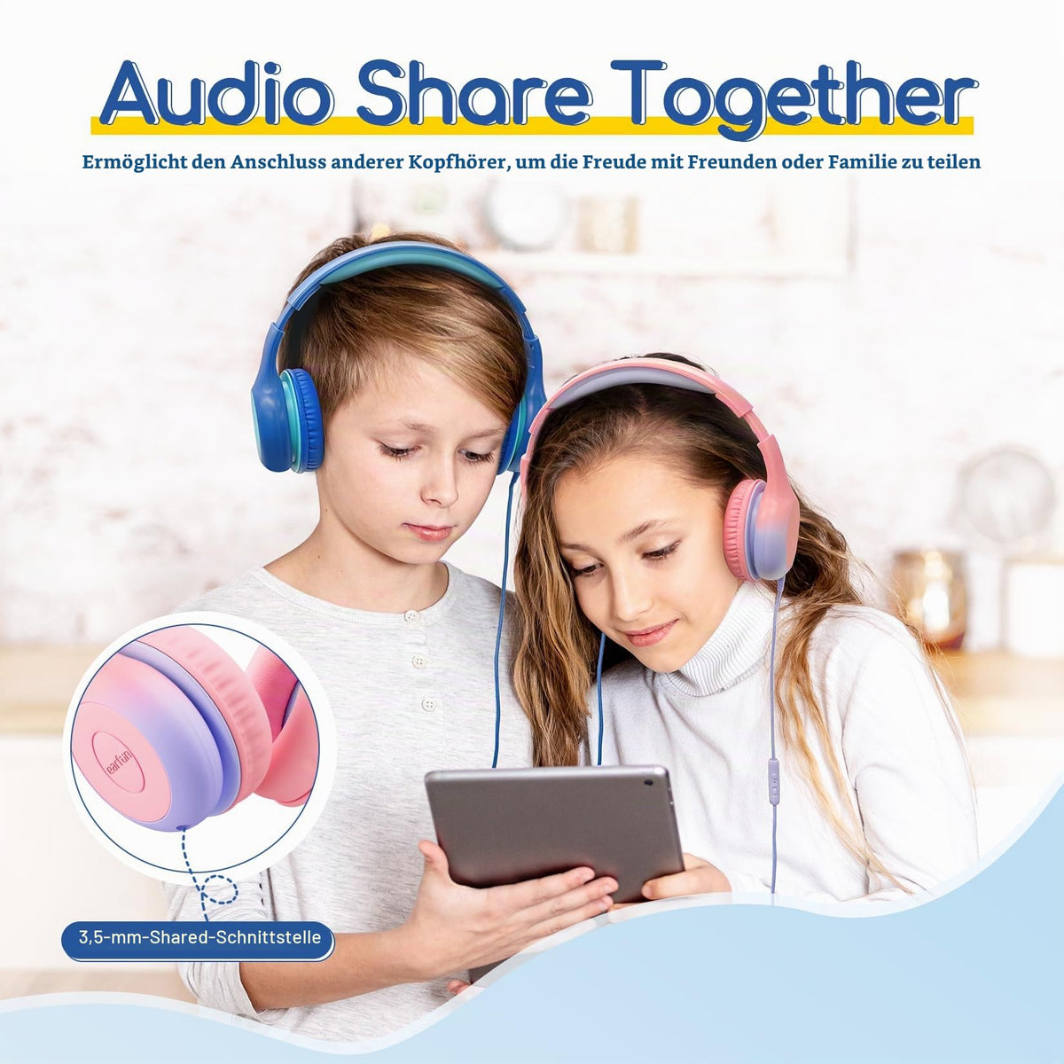EarFun Kinder Kopfhörer mit 3,5 mm Kabel, Lautstärkebegrenzung, Blau-grün