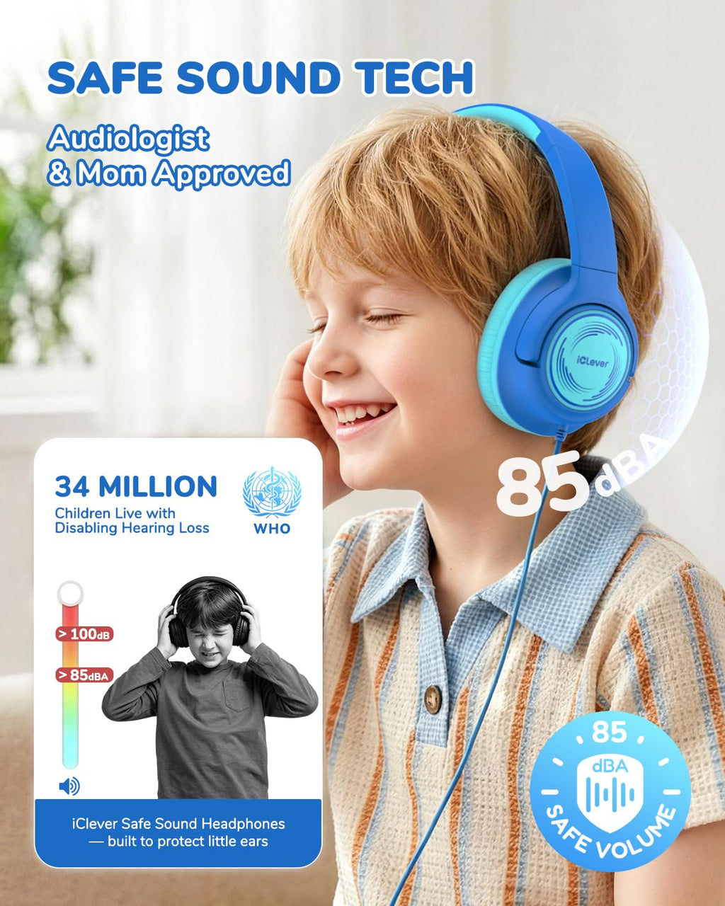 iClever HS26 Kopfhörer Kinder mit 3,5 mm Kabel für Schule/Tablet/Reisen