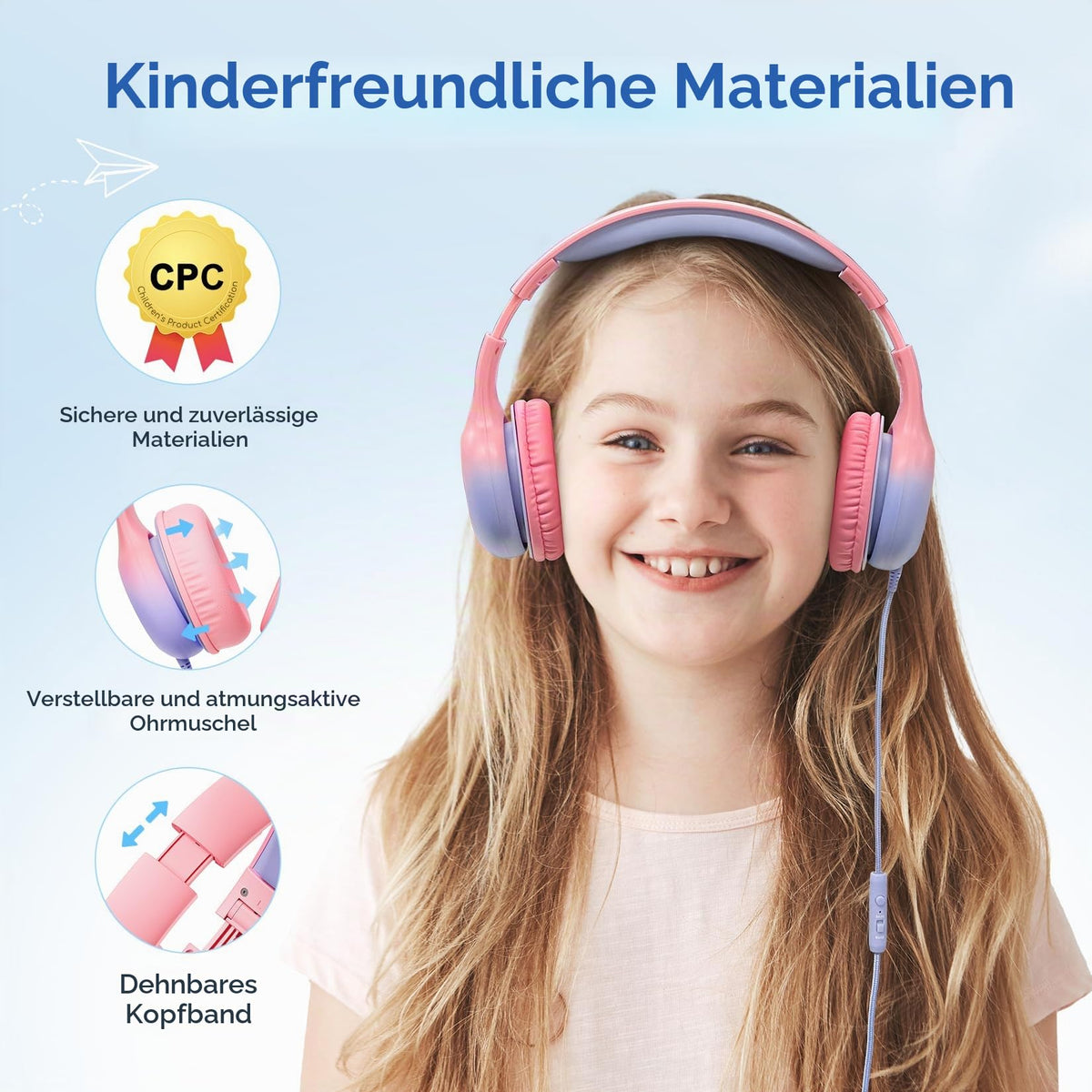EarFun Kinder Kopfhörer mit 3,5 mm Kabel, Lautstärkebegrenzung, Blau-grün
