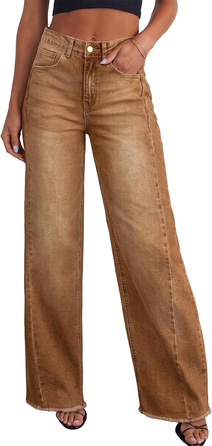 Sidefeel Damen Jeans mit weitem Bein, hoch taillierte, elastische Denim-Hose