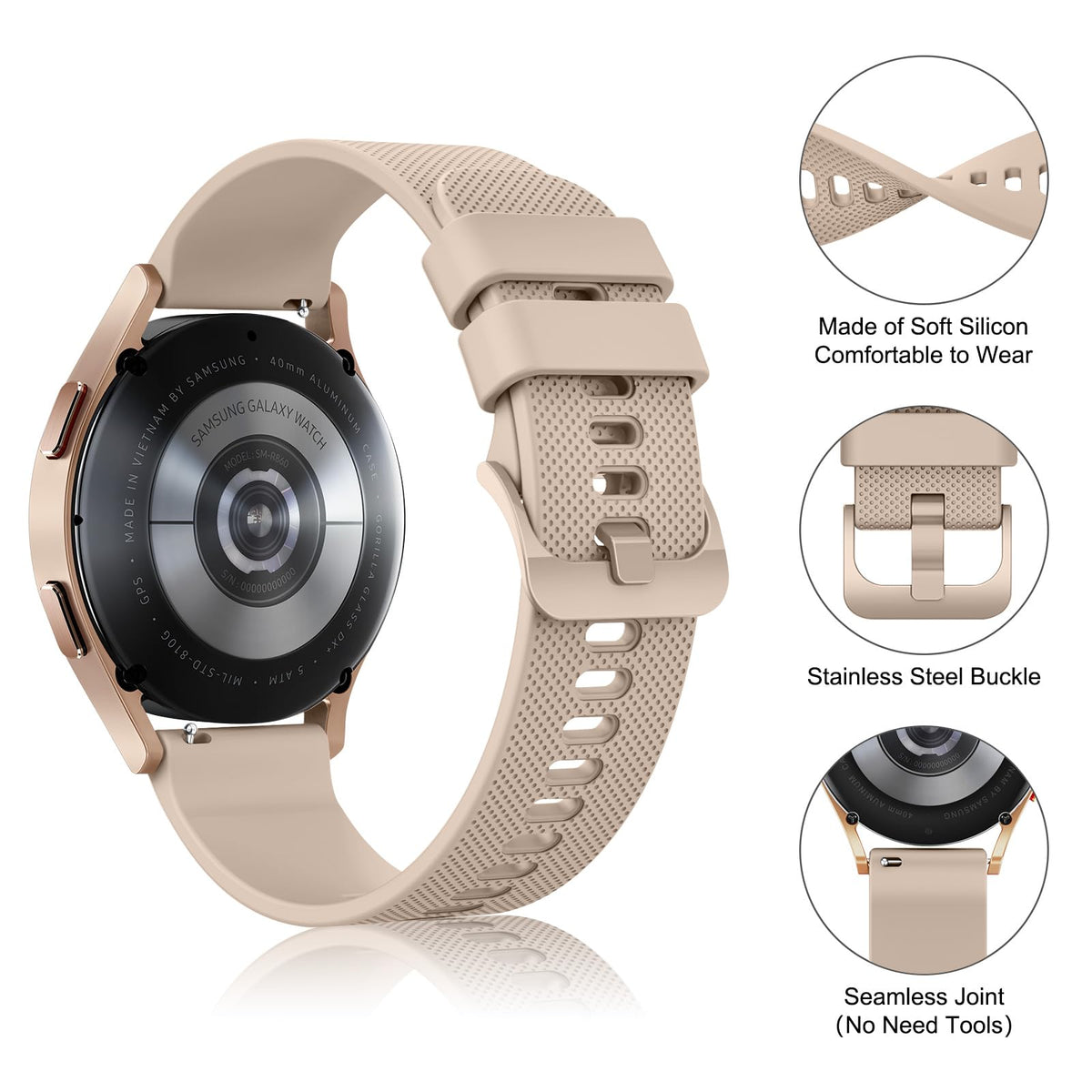 Wanme 20mm Bracelet de Montre en Silicone, Souple Bracelet de Replacement en Dégagement Rapide avec Boucle en Même Couleur Homme Femme 20mm, Starlight