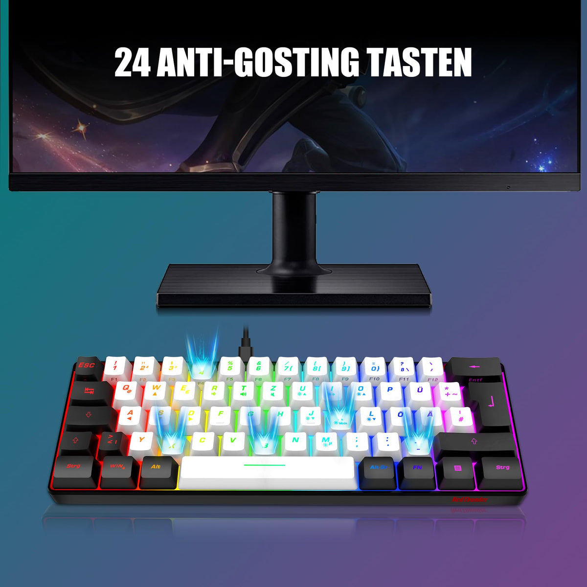 RedThunder 60% Kabelloses RGB Gaming Tastatur und Maus Set, QWERTZ DE Layout, Wiederaufladbare Funktastatur mit Ultraleichte Gaming Maus mit Wabenkonstruktion, für PC MAC PS5 Xbox Gamer, Büro.