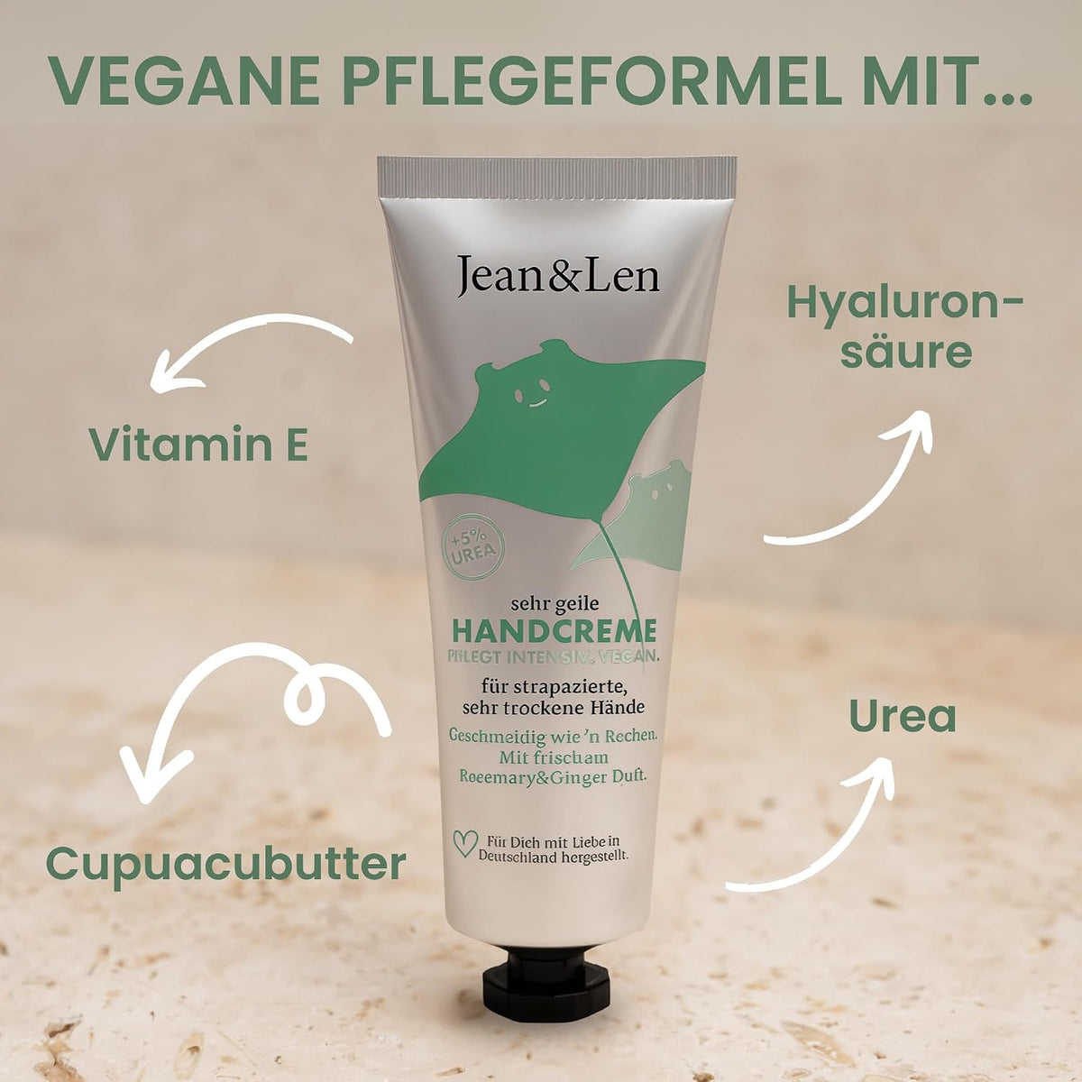Jean & Len Sehr geile Handcreme Rosemary & Ginger, vegan, 6 x 75 ml