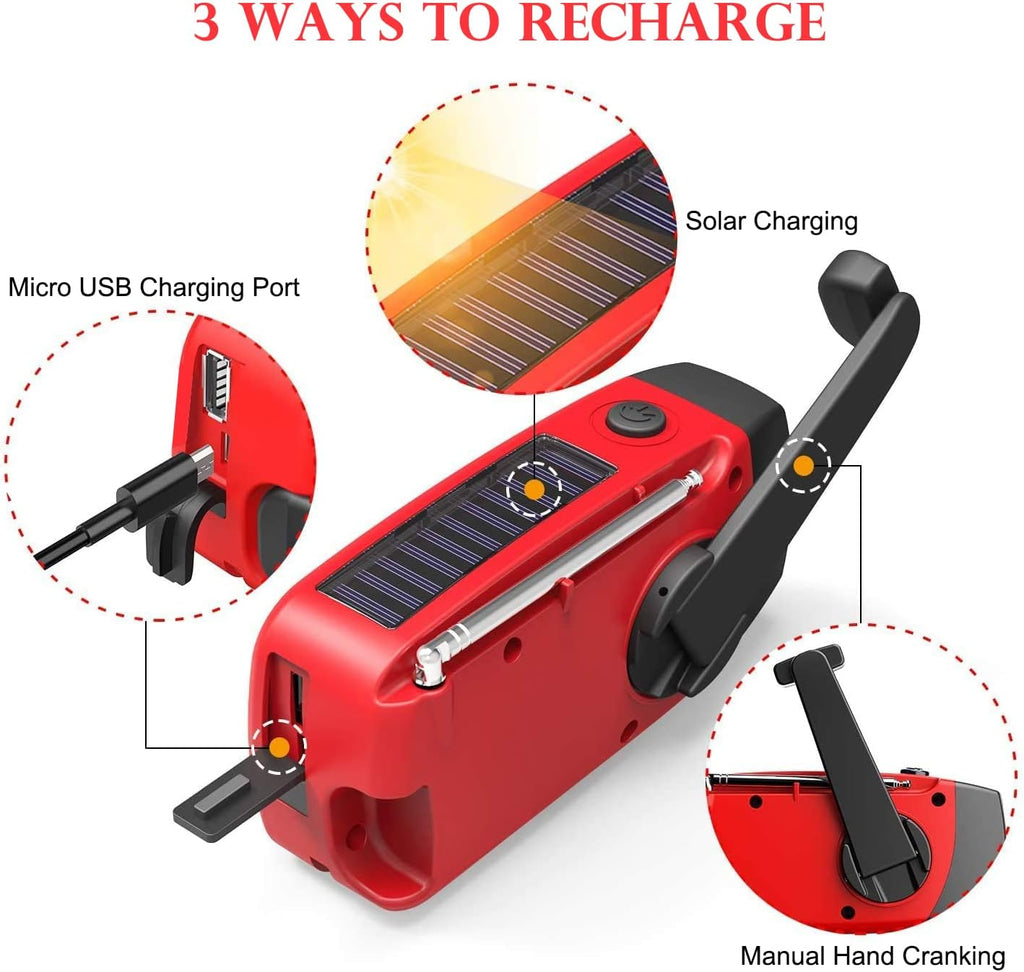 Notfall-Solarradio,Solarbaby Selbstbetriebenes Kurbelradio mit LED-Taschenlampe, SOS-Alarm,AM/FM Wetter Wind Up Radio mit 2000mAh Akku für Notladung von Smartphone,(Rod)