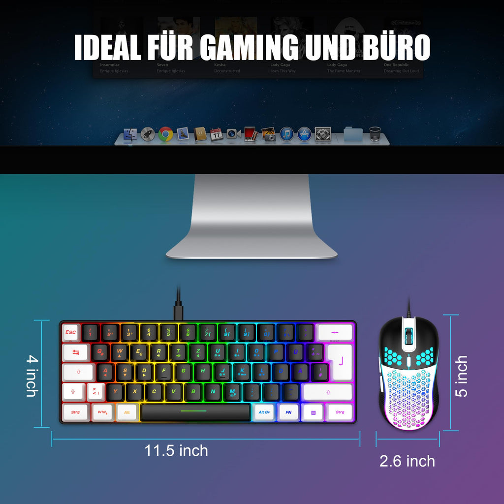 RedThunder 60% Kabelloses RGB Gaming Tastatur und Maus Set, QWERTZ DE Layout, Wiederaufladbare Funktastatur mit Ultraleichte Gaming Maus mit Wabenkonstruktion, für PC MAC PS5 Xbox Gamer, Büro.