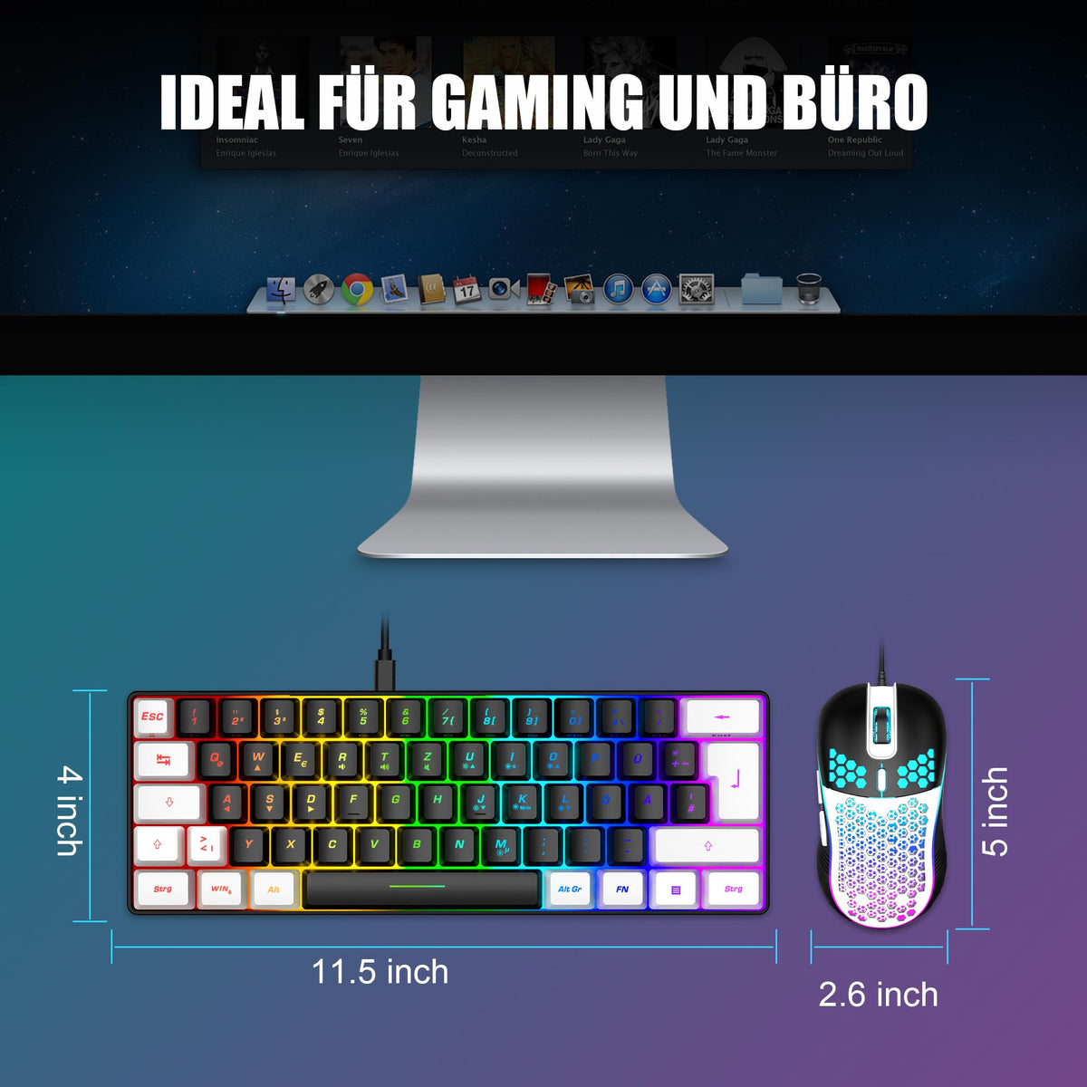 RedThunder 60% Kabelloses RGB Gaming Tastatur und Maus Set, QWERTZ DE Layout, Wiederaufladbare Funktastatur mit Ultraleichte Gaming Maus mit Wabenkonstruktion, für PC MAC PS5 Xbox Gamer, Büro.