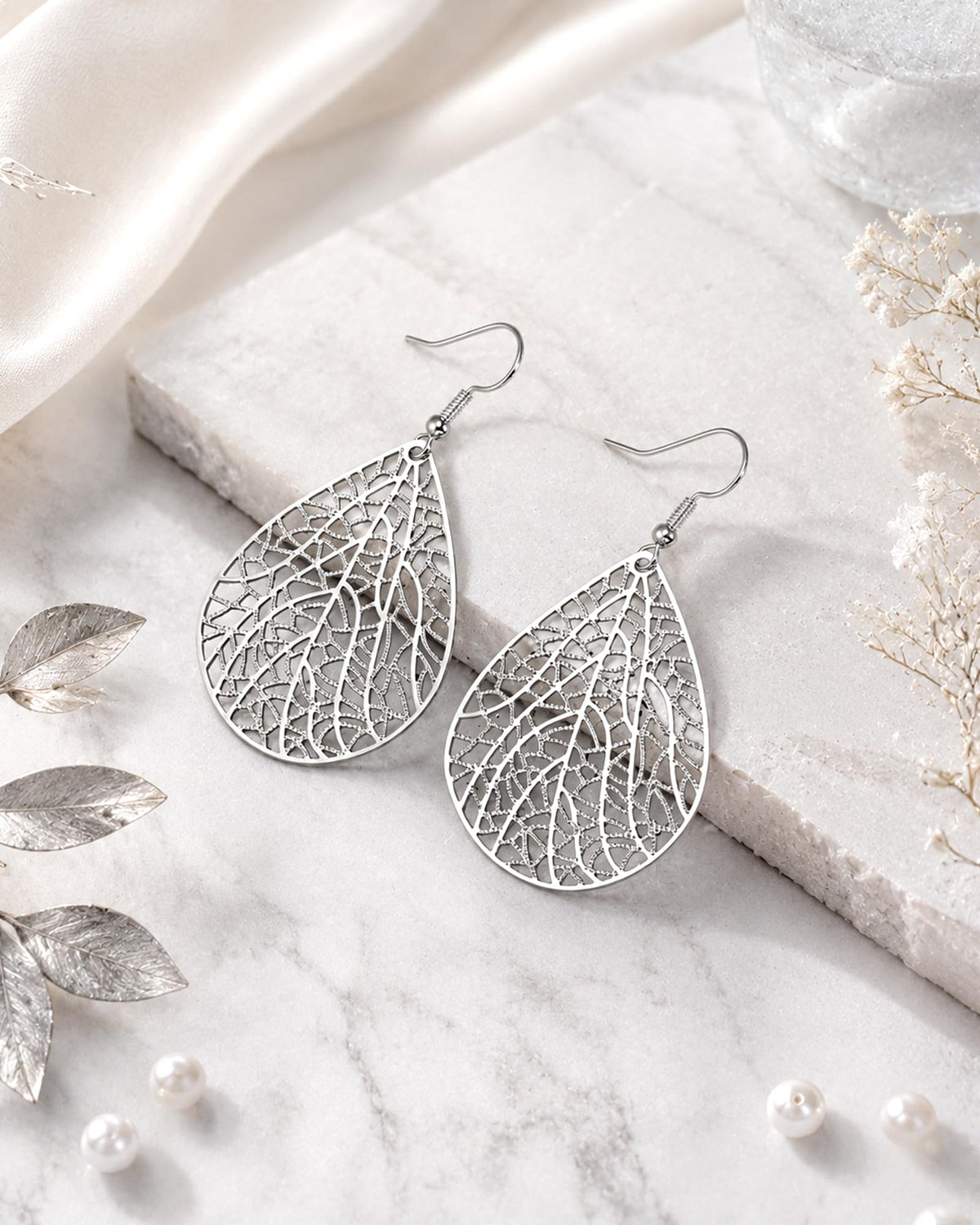 14K Gold vergoldet Blattgold Ohrringe für Frauen, Silber Ohrringe Hängend Damen mit Anhänger Tropfenform, Wassertropfen Schmuck für Geschenk