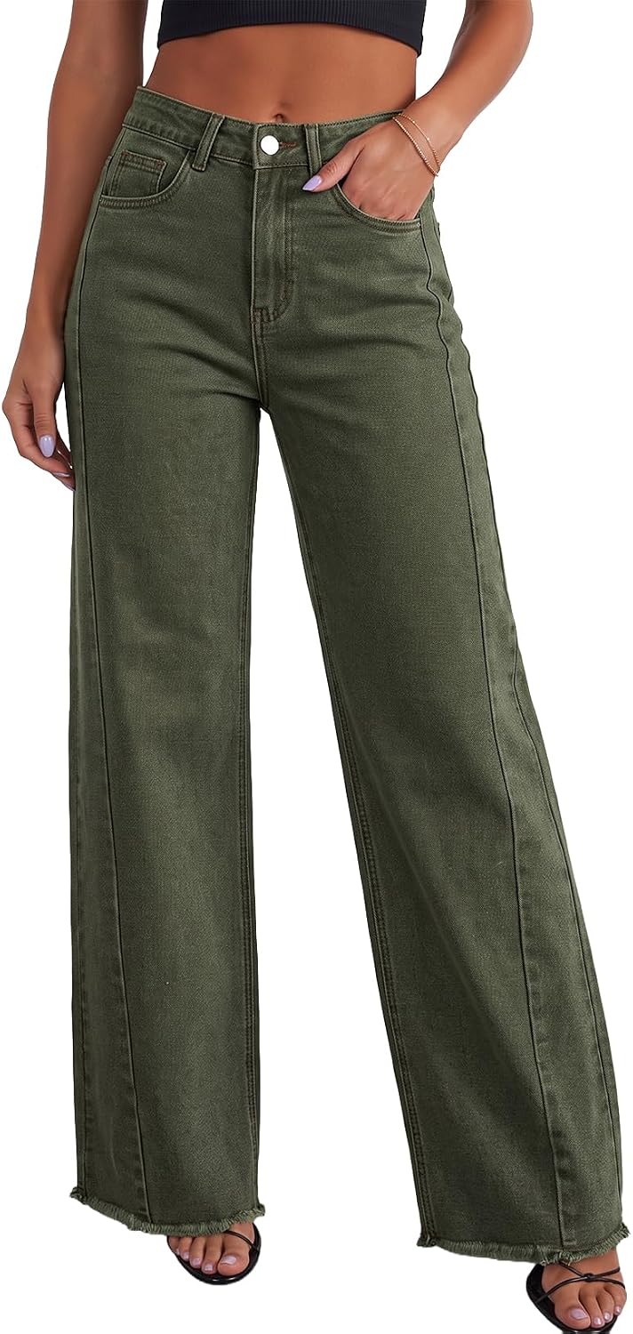 Sidefeel Damen Jeans mit weitem Bein, hoch taillierte, elastische Denim-Hose