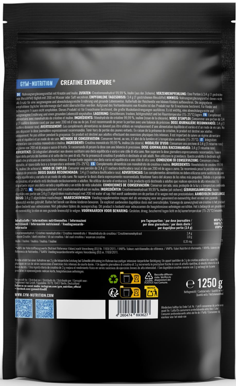 Creatin Monohydrat Pulver – 500g – Mikronisierte Qualität