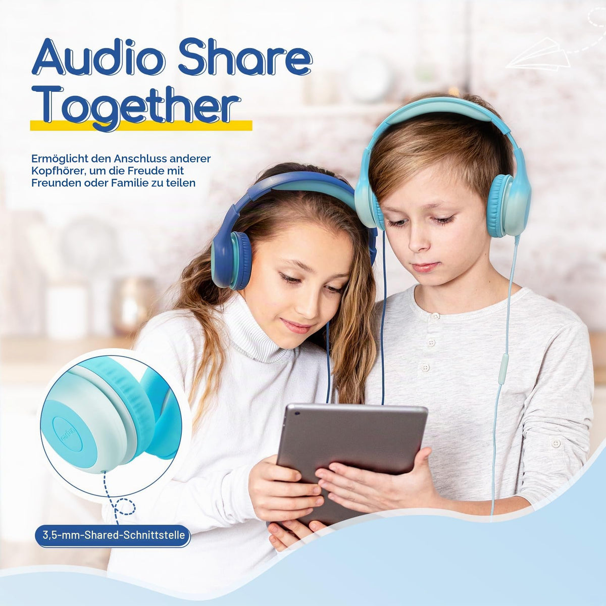 EarFun Kinder Kopfhörer mit 3,5 mm Kabel, Lautstärkebegrenzung, Blau-grün