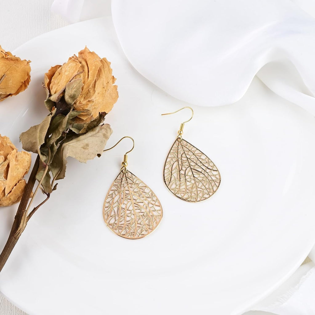 14K Gold vergoldet Blattgold Ohrringe für Frauen, Silber Ohrringe Hängend Damen mit Anhänger Tropfenform, Wassertropfen Schmuck für Geschenk