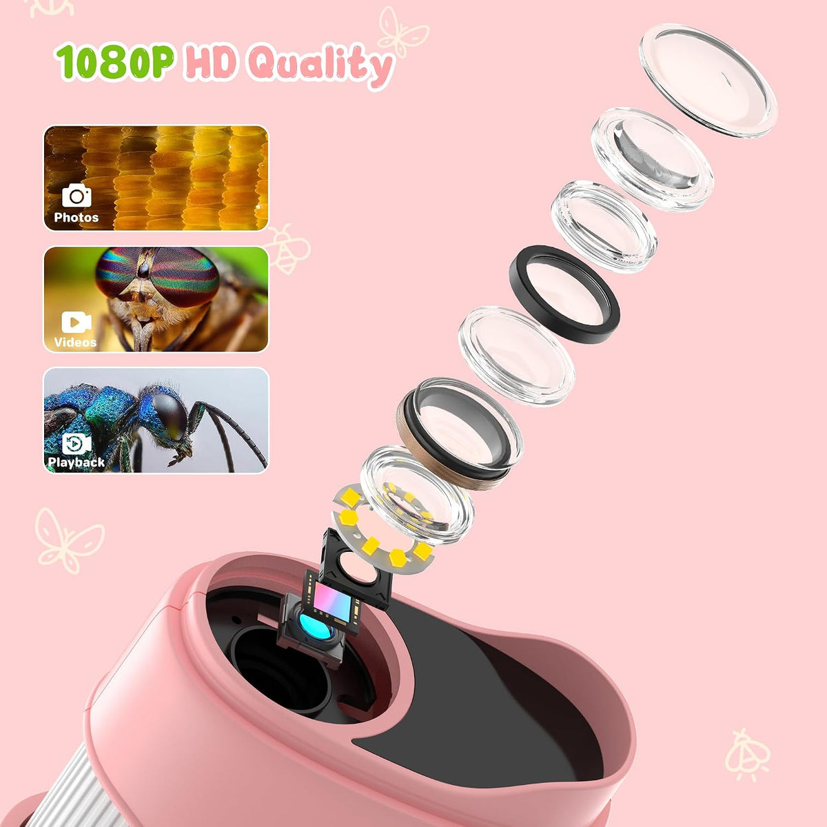 1000X Handheld Digital Microscope for Kids: Pocket Microscope with 2.0" IPS Screen - STEM Toys Birthday Gifts for Girls Boys - Portable Edu Science Kits Toddler Age 3-6 6-12 Pink