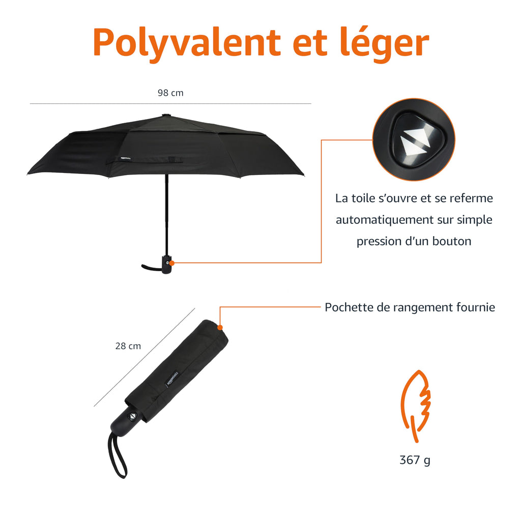 Amazon Basics Octogonale Parapluie pliant à ouverture automatique Noir, 28 x 98 cm