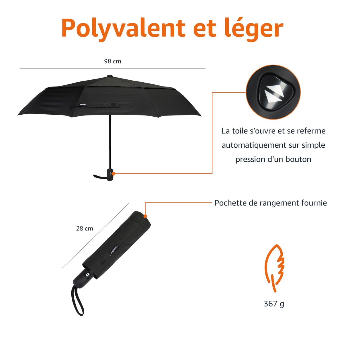 Amazon Basics Octogonale Parapluie pliant à ouverture automatique Noir, 28 x 98 cm