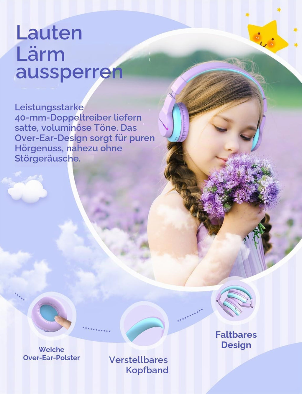 iClever BTH12 Bluetooth-Kopfhörer für Kinder mit LED-Beleuchtung, 85 Stunden Wiedergabezeit, ideal für Reisen