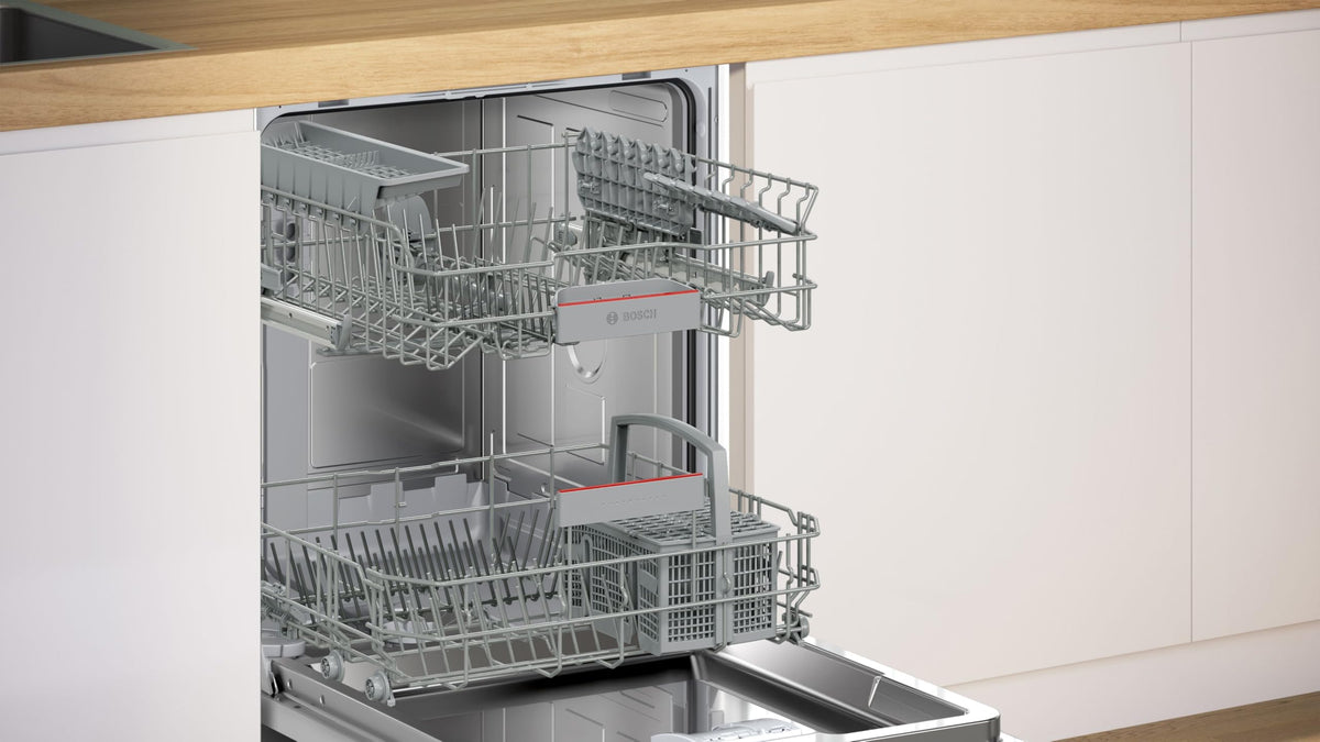 Bosch SMU4EVS08E, Serie 4, Smarter Unterbau-Geschirrspüler 60 cm, Besteckschublade, Spülmaschine mit Programmassistent, besonders Leise, höhenverstellbarer Oberkorb, Automatische Türöffnung, Edelstahl