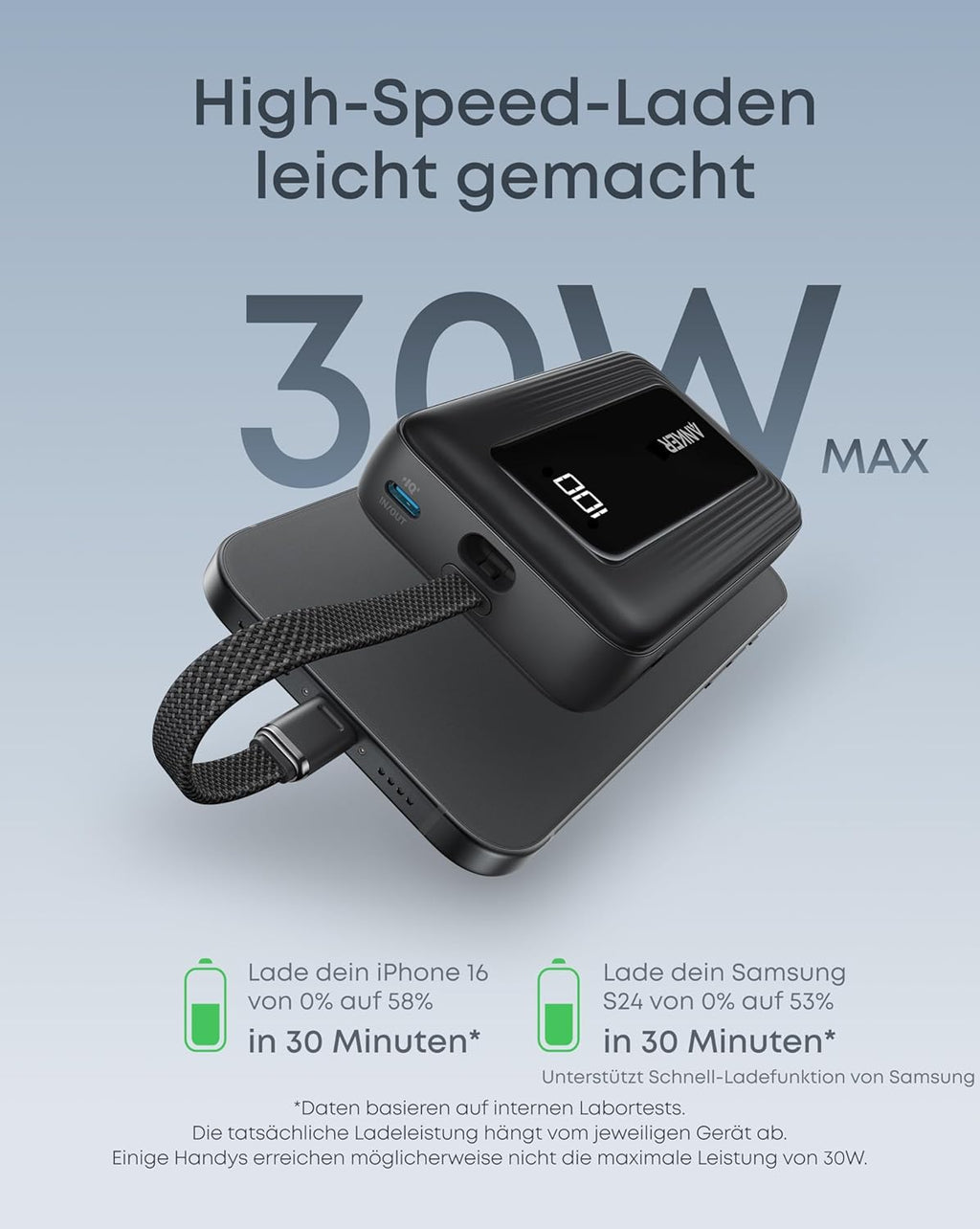 Anker Zolo Powerbank 20000mAh 30W Max, integriertes USB-C Kabel
