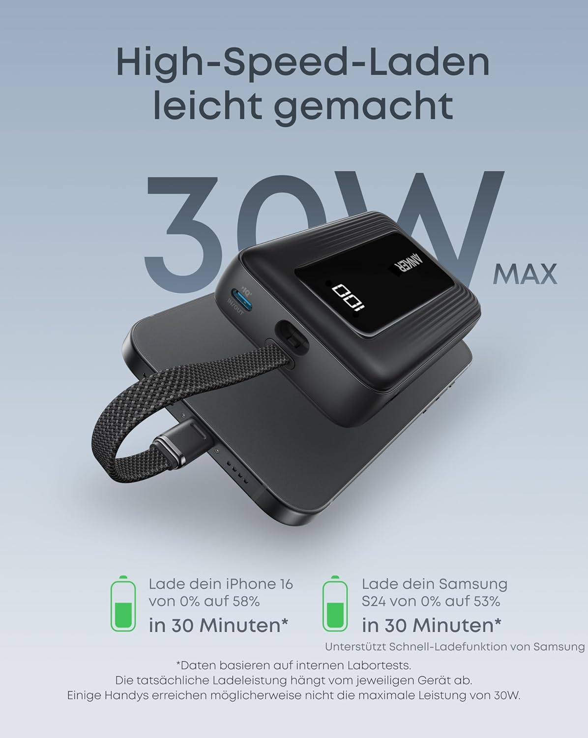 Anker Zolo Powerbank 20000mAh 30W Max, integriertes USB-C Kabel