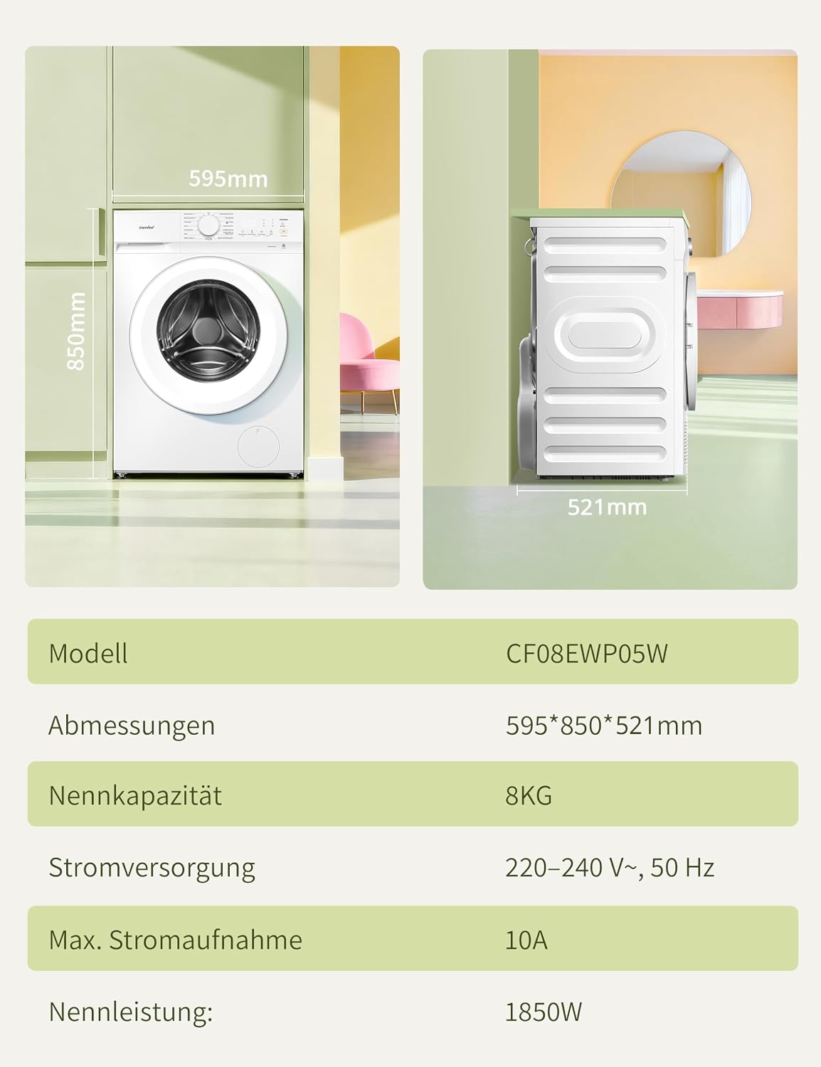 Comfee Frontlader Waschmaschine 8 kg Energieklasse A-10% weiß CF08EWP05W