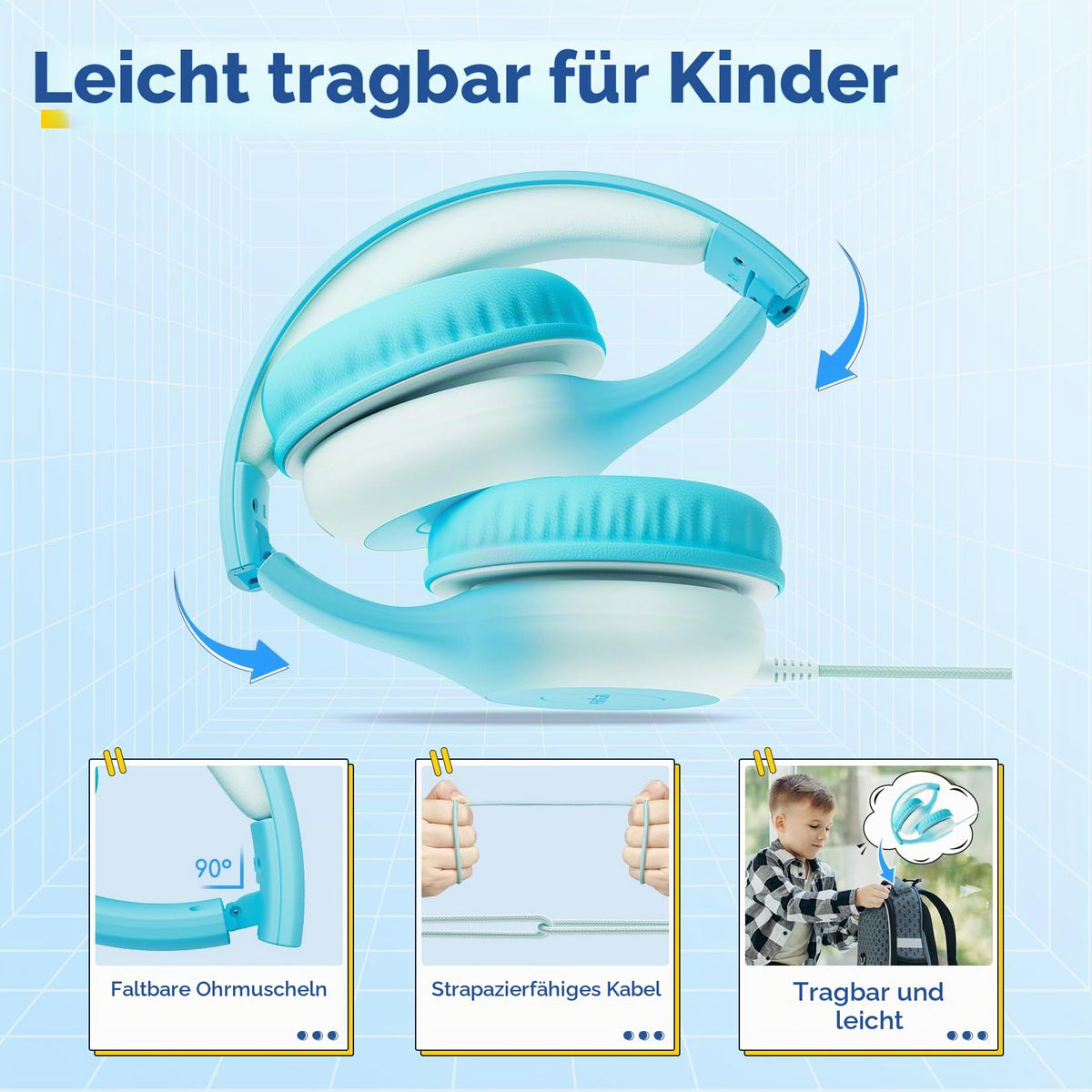 EarFun Kinder Kopfhörer mit 3,5 mm Kabel, Lautstärkebegrenzung, Blau-grün