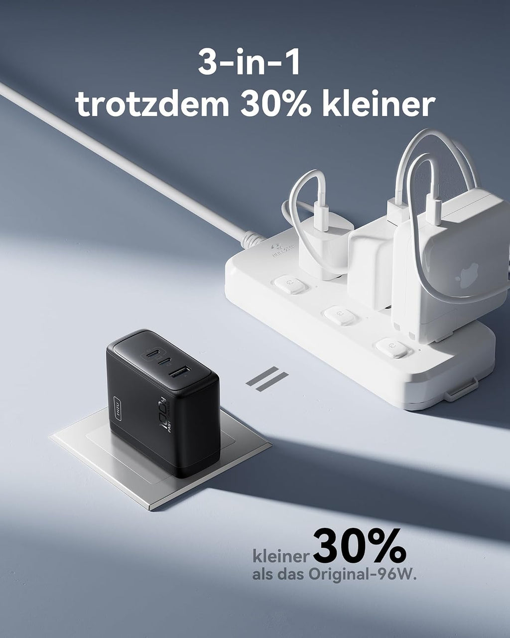 INIU USB C Ladegerät, 100W 3-Port Laptop Schnellladegerät mit 1.5m Kabel