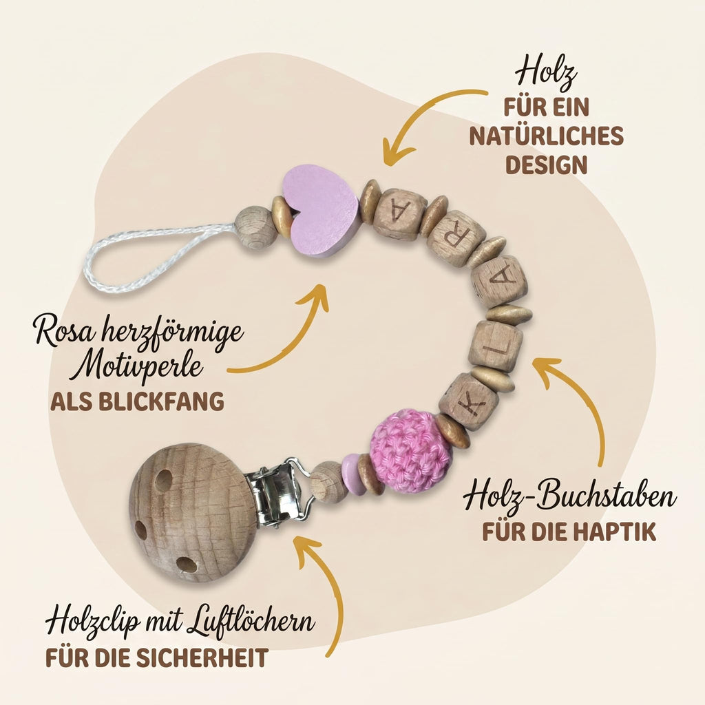Schnullerband mit Namen für Mädchen & Jungen personalisierte Baby Geschenke (REH Herzchen)